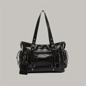 TEMU 여성용 한국식 Y2K 스타일 토트백 - 대용량 멀티컴파트먼트 핸드백, 골드톤 하드웨어, 체인 스트랩 부착 & 지퍼 클로저 (블랙/커피 브라운/화이트) - 다용도|슬링백