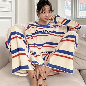 TEMU 여성 캐주얼 프린트 루즈핏 긴팔 티셔츠 & 바지 파자마 세트 - 우아한 크루넥, 사계절 편안함, 편안한 핏, 벨트 없음, 성인용으로 완벽, 캐주얼 웨어| 패턴|편안한 착용감, 여성용 파자마|잠옷|파자마