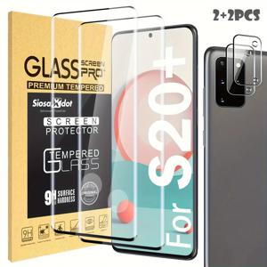 TEMU 2+2 2개 강화유리 스크린 보호필름 + 2개 카메라 렌즈 커버, 갤럭시 S20/S20+/S20 울트라용 [3D 커브드] 지문인식 투명 코팅, 전체 커버리지,세련된 디자인,정밀 절단,스크래치 방지,스마트폰 사용자,모바일 게이머