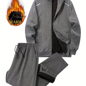 TEMU 남성용 겨울 플러스 벨벳 두꺼운 레저 슈트, 중년 및 젊은이용 야외 스포츠 방풍 탑과 바지, 남성용 단색 투피스 슈트|남자바지