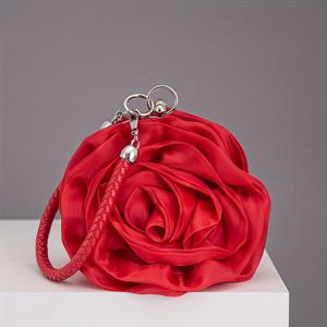 TEMU RCRK 우아한 장미 꽃 새틴 이브닝 클러치, 탈부착 가능한 스트랩이 달린 빨간색 폴리에스터 핸드백, 버클 클로저, 퀼팅 가벼운 플로럴 지갑, 웨딩 파티용 - 광저우 원산