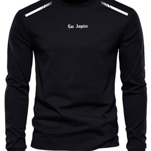 TEMU 남성용 긴팔 크루넥 티셔츠, 심플 스타일, 중간 신축성 원단, 로스앤젤레스 레터 프린트, 캐주얼 스포츠 하이킹 & 주말용 티, 가을 컬렉션, 레귤러 핏, 청소년 및 남성 의류