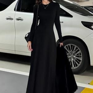 TEMU 여성용 우아한 블랙 긴팔 A라인 드레스 - 매력적인 핏의 정장 & 캐주얼 의상, 라운드 넥 오피스, 파티, 캐주얼 복장 - 쉬운 관리 시크 일상 및 특별 행사 착용, 디자인, 편안한 착용감, 패션 애호가