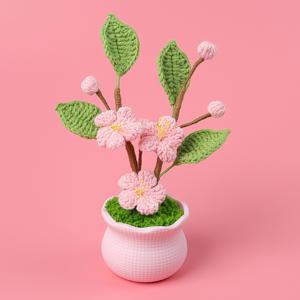 TEMU 손뜨개 눈송이 줄 짜여진 복숭아 꽃 작은 화분 'S 하트 시뮬레이션 꽃 식물 데스크탑 장식