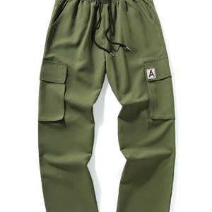 TEMU 1pc 남성 캐주얼 레그 카고 팬츠 - 블랙, 루즈핏, 스트레치되지 않은 원단, 여러 포켓, 드로스트링 허리, 올 시즌 편안함, 느슨한 핏 팬츠 | 캐주얼 스타일 팬츠 | 여러 포켓 팬츠