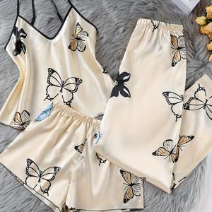 TEMU 여성용 나비 프린트 실크 파자마 세트 - 세 개의 옷, 소매 없는 상의 & 반바지, 폴리에스터, 모든 계절 편안함, 캐주얼 스타일, V넥, 벨트 없음, 성인 크기, 올시즌 파자마|나비 프린트 디자인| 부드러운 질감