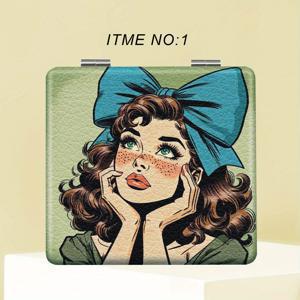 TEMU 애니메이션 캐릭터 테마 핸드헬드 접이식 거울 - 컴팩트 드레서 유리거울, 캐릭터 영감, 파우더 코팅 마감, 무향 합성 가죽 프레임, 전기 불필요, 축제용, 크리스마스, 새해, 이스터 버니, 해피 모더스데이