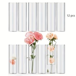 TEMU 12개 세트 유리 실린더 화병, 웨딩용 허리케인 플로팅 캔들 홀더, 고급 풍경 방지 유리 캔들 홀더 세트, 센터피스 장식용 꽃꽂이 세트, 파티 , 테이블톱 장식, 홈 데코 – 컴팩트 모던 플라워 어레인지먼트 화병