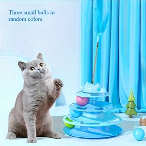 TEMU 고양이 인터랙티브 장난감, 튼튼한 플라스틱 소재, 3개의 작은 공과 합성 깃털이 있는 멀티 레벨 회전 타워, 실내 고양이 자가 놀이용으로 지루함 줄이고 재미를 더하는 고양이 장난감