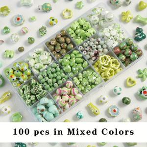 TEMU 100개 녹색 세라믹 비즈 - 혼합 스타일 별 & 하트 & 동물 & 꽃 & 기하학, 손수작은 팔찌, 목걸이 및 귀걸이용 DIY 재료