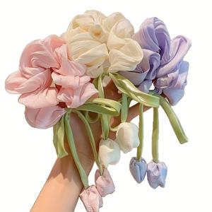 TEMU 3pcs 튤립 꽃 헤어 스런치, 원단 포니테일 홀더, 높은 탄성 및 손상 없음, 여성의 일상 착용에 적합