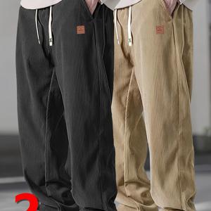 TEMU 남성 캐주얼 투톤 코듀로이 바지 세트 - 2pcs, 루즈핏, 빈티지 텍스처, 편안한 착용, 레그, 미드 웨이스트, 단색, 편안한 레저웨어|빈티지 코듀로이|폴리에스테르 코듀로이|냉장고바지|빈티지|남자바지