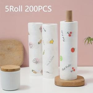 TEMU 5롤, 200매 - 높은 흡수력의 체리 프린트 일회용 주방 티슈, 오일 누수 및 바닥을 위한 다층 속건성 청소용 천 - 강력한 디자인, 주방, 거실 및 스타일리시한 가정용으로 적합