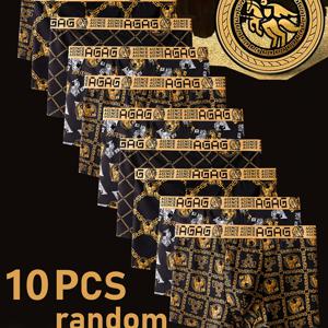 TEMU 10개 남성용 복서 브리프 - 고급스러운 블랙 & 골드 프린트, 골드 탄력 밴딩, 4가지 랜덤 스타일, 부드럽고 편안한 노쇼 팬티, 일상 및 정장 착용 가능, 세탁기 사용 가능한 남성 패션 속옷