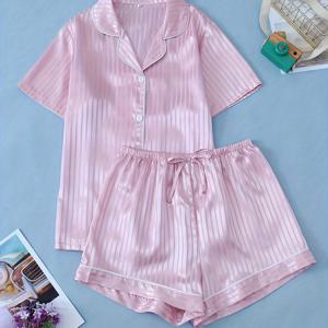 TEMU 여성용 자카드 버튼업 상의와 탄성 허리 리본 타이 파자마 세트, 캐주얼 스타일, 반팔, 라펠 칼라, 봄/여름/가을, 성인 사이즈, 캐주얼 웨어| 패턴|반팔 상의, 여성용 파자마