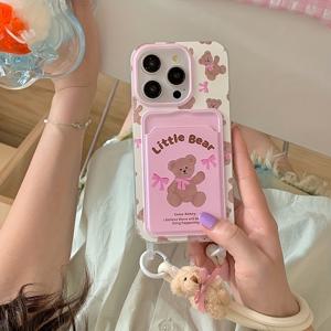 TEMU 애플용 투명 페인팅 핑크 리본 곰 폰 케이스와 곰 폰 끈이 포함된 카드 홀더
