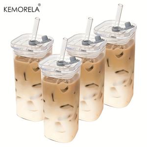 TEMU KEMORELA 4/6개입 380ml/12oz 휴대용 마우스 - 뚜껑과 빨대가 있는 독특한 직사각형 내열 유리컵, 내구성 강화 및 깨지지 않는 디자인, 뜨겁거나 차가운 음료에 적합, 단품 포장, 이동 중 사용에 완벽