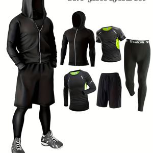 TEMU 5pcs 남성 운동 스포츠 의류 세트, 고 신축성있는 빠른 건조 압축 타이츠, 통기성 폴리에스테르 & 스판덱스, 지퍼 후드 풀오버, 긴 소매 & 반바지, 러닝, 사이클링, 체육관, 야외 활동에 적합 - 봄, 여름, 가을, 겨울