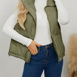 TEMU 여성용 우아한 하이넥 베스트 코트 - 슬리브리스, 지퍼 업 겨울 외투, 드로스트링 디테일, 폴리에스터 안감, 스트레치되지 않는 소재, 캐주얼 외투|슬기로운 자켓|지퍼 업 베스트