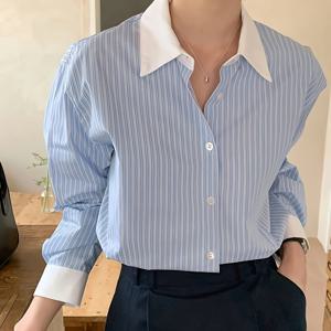 TEMU 프린트 버튼업 셔츠, 우아한 컨트라스트 트림 긴팔 칼라 셔츠, 봄 & 가을 여성 의류