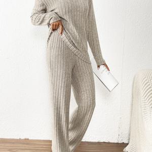 TEMU 여성용 가을 겨울 V넥 플리스 탑 + 캐주얼 루즈 팬츠 투피스 세트, 패셔너블 홈웨어