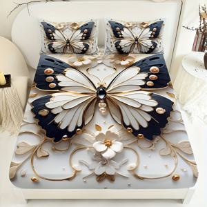 TEMU 3피스 골든 에지 블랙 앤 화이트 나비 패턴 맞춤형 시트 세트, 1개 맞춤형 시트 + 2개 베개커버 (베개 미포함), 고화질 프린트, 홈 & 기숙사용