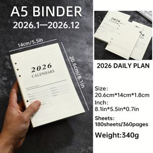TEMU 1 A5 사이즈 2026년 영어 연간 플래너, 루스리프 페이지 포함, 180장의 360페이지, 365일용 리필 가능 일일 스케줄 북, 월별 및 일일 계획 내용 포함, 다양한 루스리프 커버와 호환