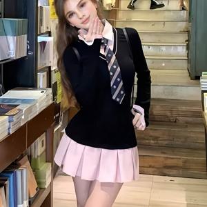 TEMU 사진 촬영 및 졸업 시즌 의상으로 적합한 두 개의 긴 소매 드레스를 포함한 달콤한 문학적 레트로 칼리지 스타일 JK 유니폼 세트, 넥타이 포함