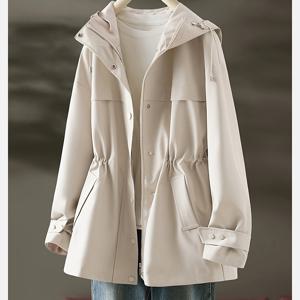 TEMU 여성용 경량 후드 재킷 - 캐주얼 봄/가을 아우터웨어 조절 가능한 끈 허리, 지퍼 디자인 및 포켓, 베이지색, 스프링 아우터웨어 | 조절 가능 후드 재킷 | 여성용 트렌치 코트