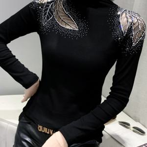 TEMU 1개 여성용 우아한 라인스톤 잎 패턴 하이넥 긴팔 티셔츠 - 슬림핏 사계절 레이어링 탑, 라운드넥 & 반팔 디자인, 단색 다용도 블라우스, 캐주얼 & 포멀 웨어, 다재다능한 패션, 세련된 스타일, 여성 상의, 여름 블라우스, 우아한 상의, 긴팔 블라우스, 남방, 여성의류