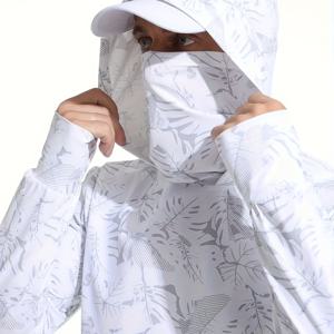 TEMU 남성용 아웃도어 캐주얼 후드티 - 얼굴 마스크 포함, 화이트, 슬림핏, 기하학적 잎무늬, 하이넥, 세탁기 사용 가능, 여름 및 레저 착용에 완벽, 낚시, 서핑, 낚시 의류 | 스트레치 원단, 낚시 후디