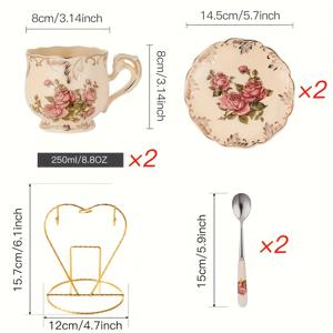 TEMU 7개/19개 유럽 커피 컵 및 사우서 세트, 아프리카 자다 세라믹 꽃차 컵, 금색 스탠드, 8온스/6컵 및 사우서 세트, 금색 스탠드 보관 랙, 차와 커피 마시는 데 적합, 오트밀 밀크 컵