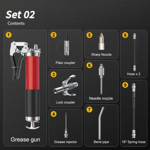 TEMU 헤비듀티 그리스 스퀴즈 펌프 키트, 8000 PSI, 14온스 스테인리스 튜브, 18인치 유연 호스, 2 커플러, 2 연장 하드 파이프, 포인트 팁, 자동차 및 산업용 윤활용 6개의 플라이어 부착