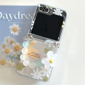 TEMU 삼성 갤럭시 Z 플립 모델 3~7용 귀여운 생동감 있는 꽃무늬 투명 폰 케이스, 트렌디한 한국 인스타 스타일의 3D 꽃 비즈 체인 및 접이식 뒷면 커버