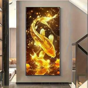 TEMU 5D 페인팅 키트, 행운의 금색 잉어 패턴, 홈 벽 장식, 휴일 파티 장식, 아트 월페인팅 침실, 사무실, 거실 벽. 50*100cm/19.7*39.4인치 프레임 없음|보석십자수