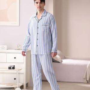 TEMU 남성용 신상 패션 캐주얼 수면복 세트 (턴칼라 가디건, 버튼 긴팔 & 바지) 2피스