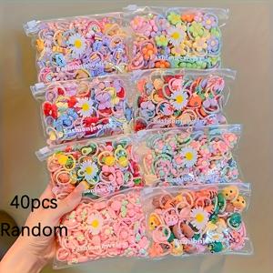 TEMU 40개 귀여운 헤어 보우 세트 - 파스텔 & 생생한 색상 (,,,,,,,,,,)과 하트, 꽃, 동물, 과일, 컵케이크, 롤리팝, 딸기, 체리, 기쁜 얼굴 - 여성용 탄성 헤어 고무줄 - 데이, 파티, 일상 브레이드, 번, 포니테일 - 보관함이 포함된 대량 헤어 키트