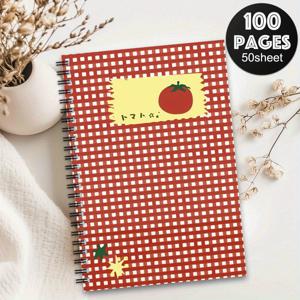 TEMU 1개 한국식 토마토 테마 노트북 - 귀여운 한국 스타일 토마토 & 고추장 체크무늬 커버, 100페이지 레드 & 화이트 저널 플래너, 한국어 텍스트 라벨, 컴팩트 휴대용 스파이럴 바인딩, 사무실용, 토마토 애호가를 위한 선물