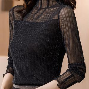 TEMU 여성 춘추 슬림 하이넥 스팽글 롤업 긴팔 이너망사 티셔츠 레이스 탑 봄 여름 가을 데일리 캐주얼 슬림핏 시스루 골지 망사 폴리에스테르 긴팔 티셔츠 얇은 댄스복상의