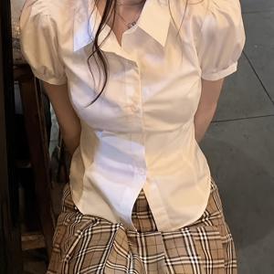 TEMU 여성용 슬림핏 반팔 블라우스 - 화이트 - 퍼프 소매 & 뒷면 타이 클로저, A라인 우산 헴, 레이싱 칼라 (없음) - 애니메이션 또는 일상용 캐주얼 & 유니폼 의상|반팔셔츠|반팔블라우스