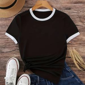 TEMU 캐주얼 컨트라스트 트림 라운드 넥 반팔 티셔츠 - 흰색 칼라 & 소매 디테일, 레귤러 핏, 세탁기 사용 가능, 사계절용 베르사틸 워드로브 스테이플, 일상복, 풀오버 스타일, 내구성 있는 원단