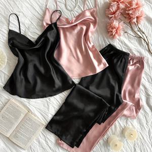 TEMU 여성용 가을 겨울용 솔리드 컬러 시뮬레이션 통기성 편안한 캐주얼 섹시 가터 롱 팬츠 파자마 세트 4개