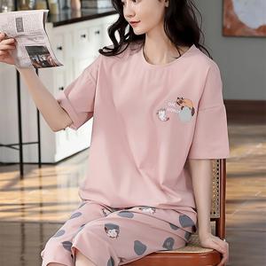 TEMU 만화 여성용 귀여운 동물 고양이 & 슬로건 프린트 캐주얼 파자마, 핑크 라운드 넥 풀오버 탑과 카프리 팬츠 도트 패턴 라운지웨어, 여름 편안한 캐주얼 스타일 - 세탁기 사용 가능|여름잠옷