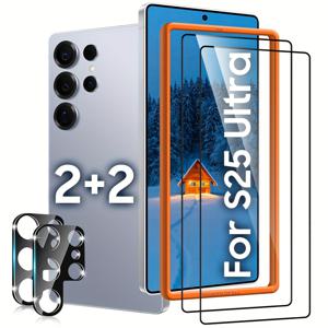 TEMU 삼성 갤럭시 S25 울트라 스크린 프로텍터 2+2 팩, 2개 카메라 렌즈 프로텍터 포함, 인식, 터치 감지, 9H 경도 tempered glass, 케이스 친화적