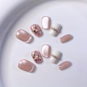 TEMU 10pcs 핸드메이드 스퀘어 짧은 네일 폼 세트, 핑크 글로우 핏, 글리터 및 캣 아이 액센트, 접착 탭 포함