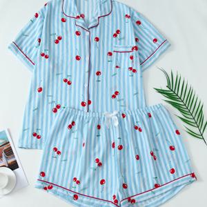 TEMU 플러스 사이즈 - 여성 캐주얼 체리 프린트 반팔 바지 및 카디건 세트 - 라이트 블루와 레드 체리 디자인, 반팔, 버튼업, 캐주얼 의상, 캐주얼 의상|재미있는 프린트|버튼업 탑