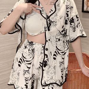 TEMU 2025년 새로운 여성용 파자마 세트 - 짧은 소매, 반바지, 얇은, 만화 프린트, 여름, 앞이 열린, 캐주얼 홈웨어, 성인용, 폴리에스터 원단, 캐주얼 홈웨어|만화 프린트 파자마|앞이 열린 상의, 반바지 파자마