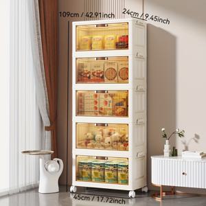 TEMU 4단 이동식 캐비닛, 대용량 멀티펑셔널 정리함 – 침실, 거실, 사무실용 화이트 플라스틱 접이형 박스 (투명 도어 포함), 문서 및 잡동사니 보관에 완벽한 다목적 수납장, 현대적인 디자인|폴딩박스