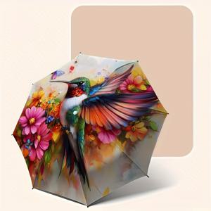 TEMU 자동 접이식 및 방풍 기능을 갖춘 생동감 넘치는 벌새와 꽃무늬 우산. 튼튼하고 내구성이 뛰어난 8개 리브가 있는 야외용 우산으로 편리한 휴일 선물로 적합합니다