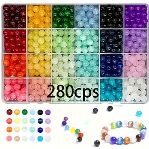 TEMU 280개 24그리드 8mm 원형 젤리 유리 보석, 각 색상 280개씩, DIY 보석 만들기(팔찌, 목걸이, 열쇠고리 등) 용으로 적합하며, 초보자에게 적합한 보석 스트링 세트입니다.|비즈목걸이